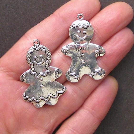 2 Gingerbread Man and Woman Antique Silver Tone Charms - XC043