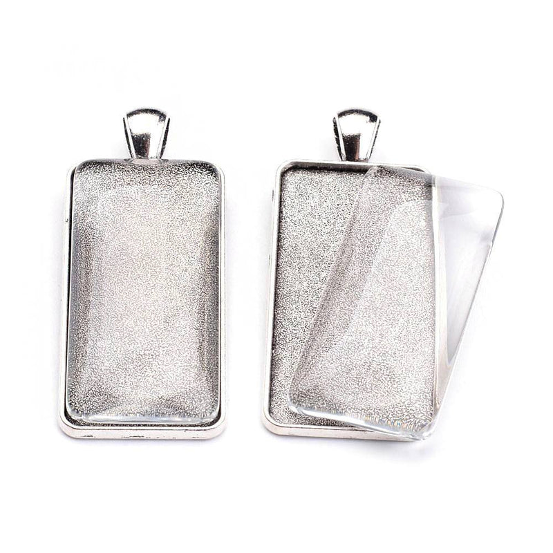 Antique Silver Tone Cabochon Settings - 38mm x 19mm Tray - with Glass Dome Seals - 2 Sets 4 Pieces - Z463