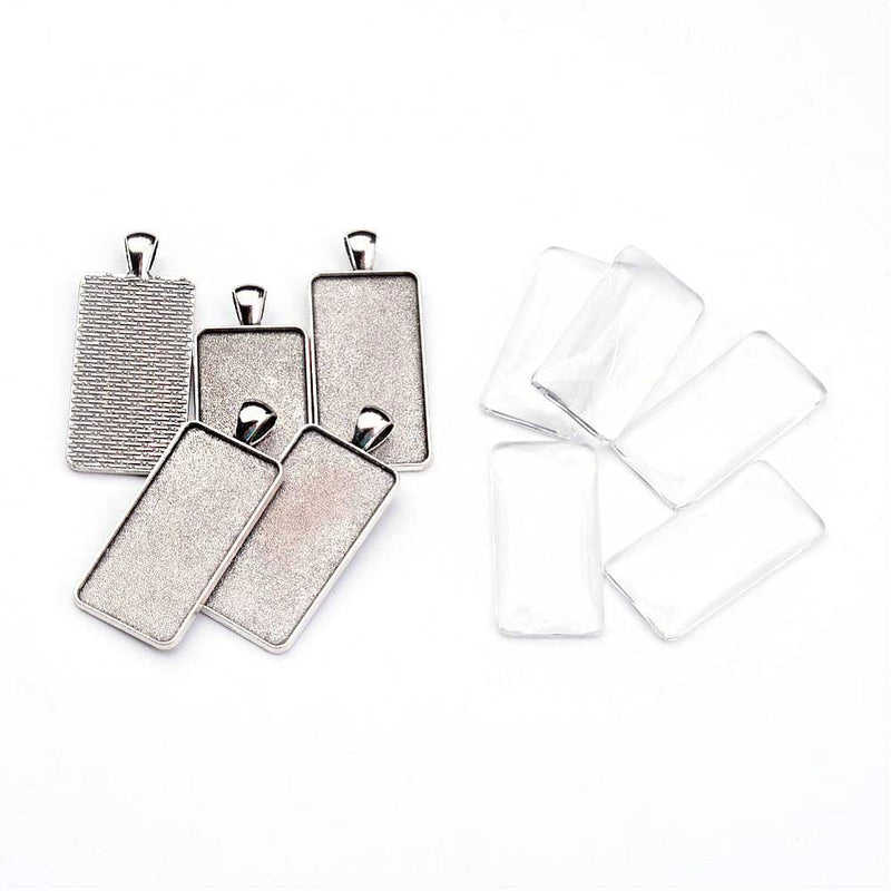 Antique Silver Tone Cabochon Settings - 38mm x 19mm Tray - with Glass Dome Seals - 2 Sets 4 Pieces - Z463