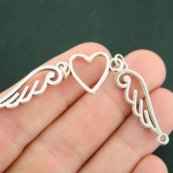 2 Heart Angel Wings Antique Silver Tone Charms 2 Sided - SC7620