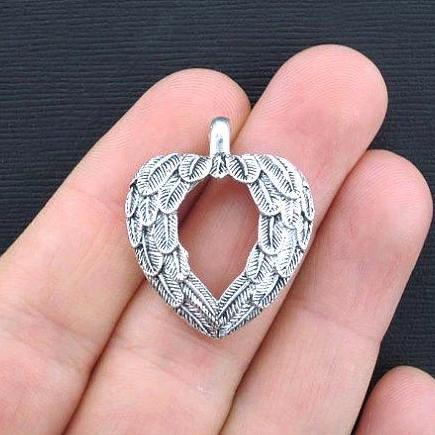 2 Heart Angel Wings Antique Silver Tone Charms - SC3376