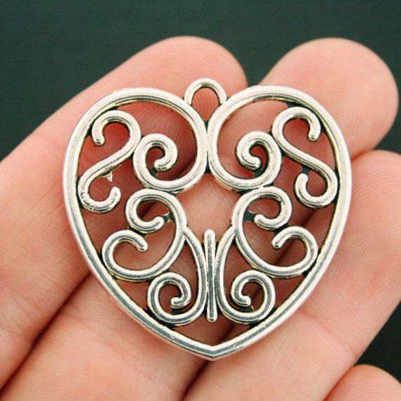 2 Heart Antique Silver Tone Charms 2 Sided - SC7530