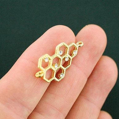 2 Honeycomb Connector Antique Gold Tone Charms With Rhinestones - GC950