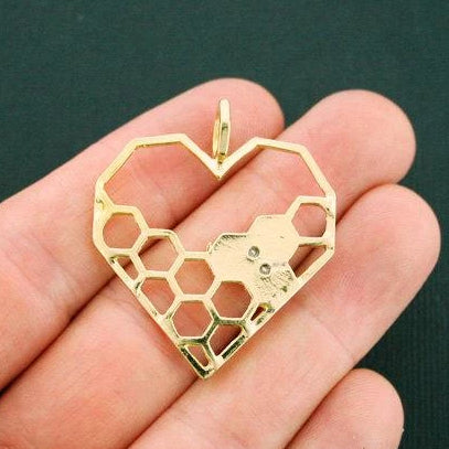 2 Honeycomb Heart Gold and Silver Tone Charms - GC951