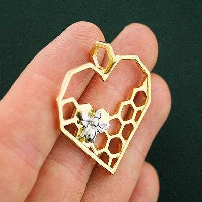 2 breloques en forme de cœur en nid d'abeille doré et argenté - GC951