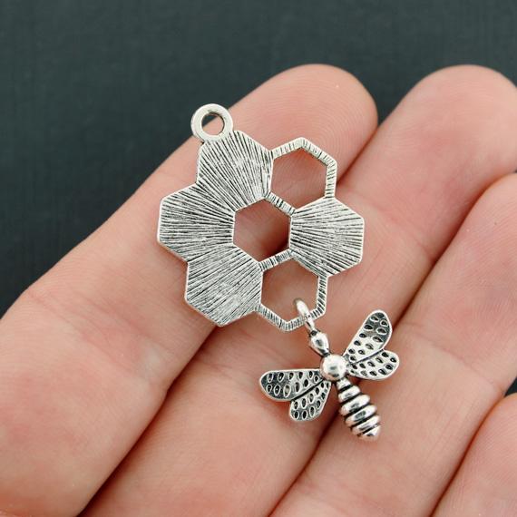 2 Honeycomb Antique Silver Tone Charms - SC2989