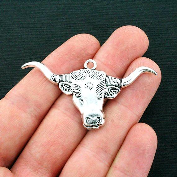 2 Large Steer Antique Silver Tone Charms - SC4291