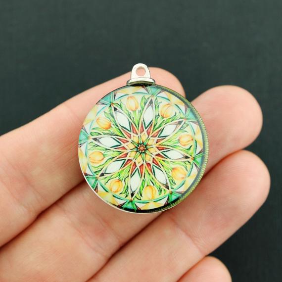 2 Mandala Antique Silver Tone Charms with Glass - Z796