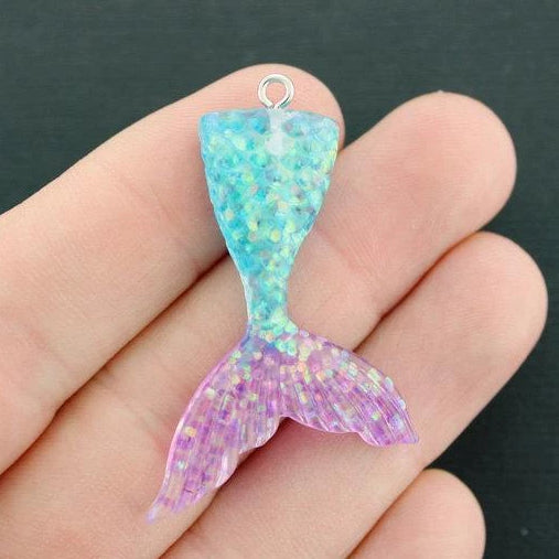 2 Blue and Purple Glitter Mermaid Tail Resin Charms 2 Sided 3D - K268