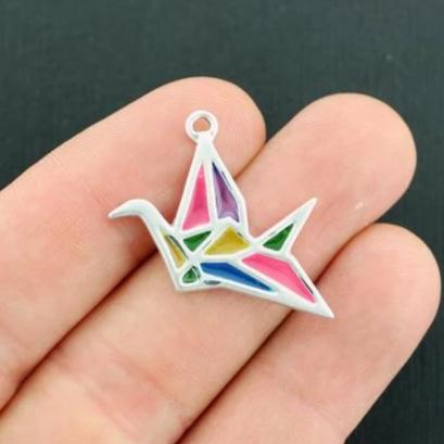 2 Origami Crane Silver Tone Resin Charms 2 Sided - E365