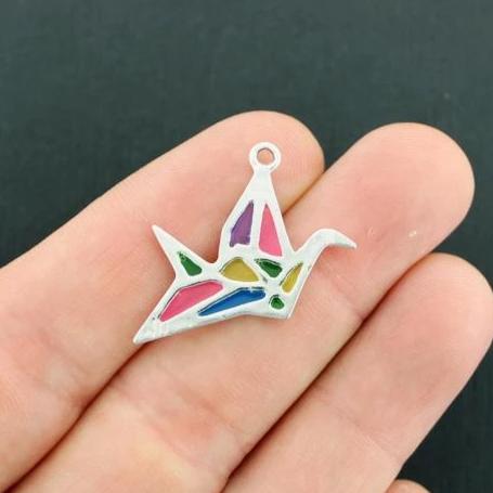 2 Origami Crane Silver Tone Resin Charms 2 Sided - E365