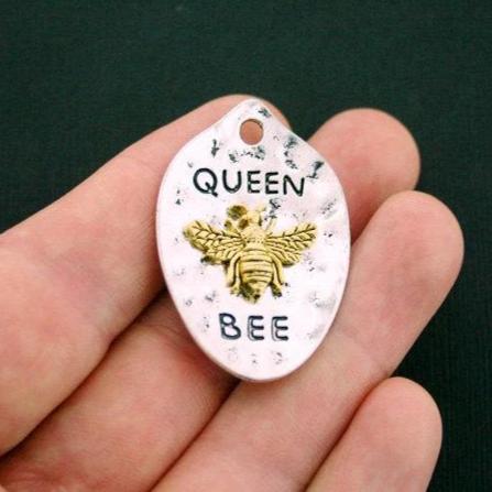 2 Queen Bee Antique Silver and Gold Tone Charms - SC5988