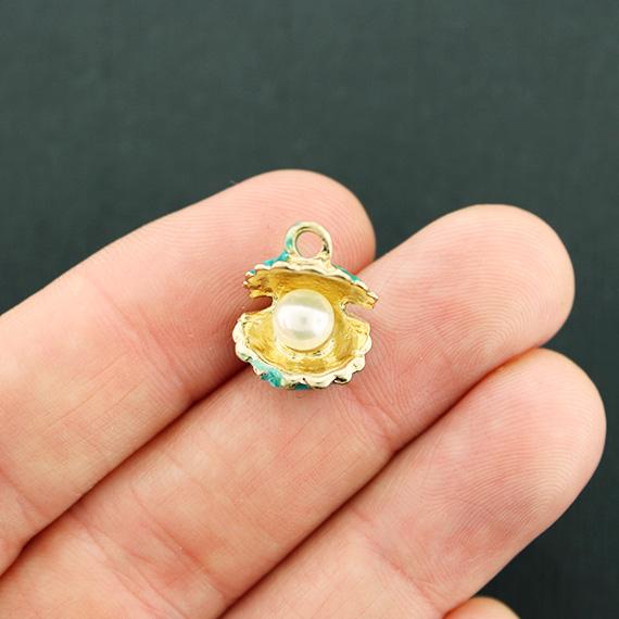 2 Oyster Gold Tone Enamel Charms with Imitation Pearl 3D - E146
