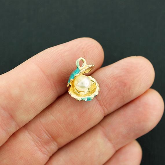 2 Oyster Gold Tone Enamel Charms with Imitation Pearl 3D - E146