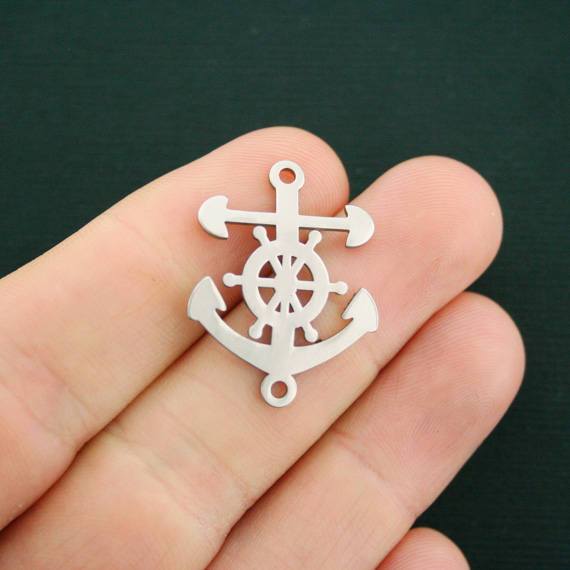 2 Anchor Silver Tone Stainless Steel Connector Charms 2 Sided - MT604