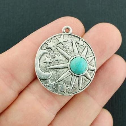 2 Crescent Moon and Sun Antique Silver Tone Charms with Imitation Turquoise - SC3986
