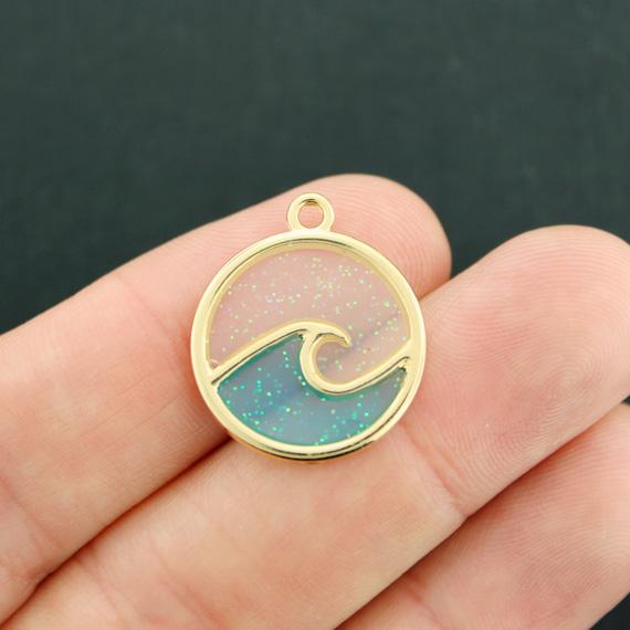 2 Waves Gold Tone Enamel Charms 2 Sided - E671