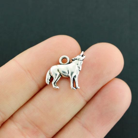 2 Wolf Antique Silver Tone Charms 2 Sided - SC7913