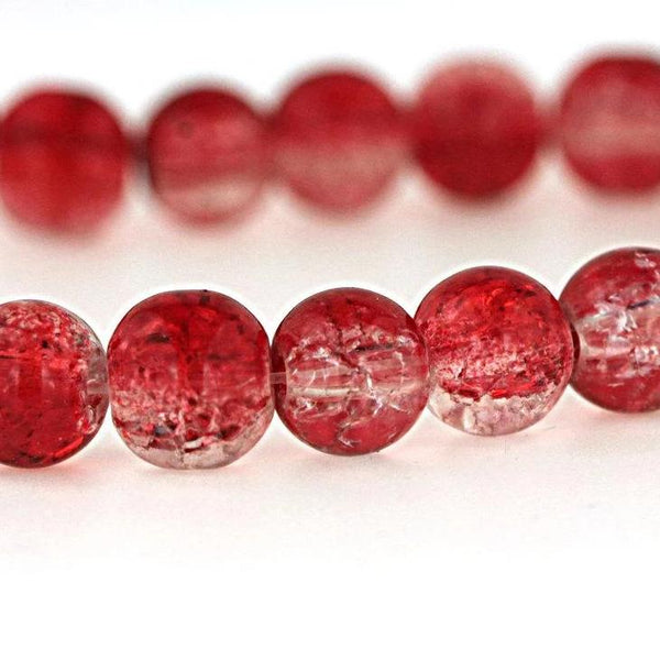 Round Glass Beads 8mm - Red and Clear Crackle - 20 Beads - BD546