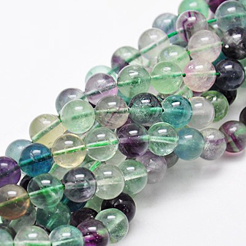 Perles rondes en fluorite naturelle 8 mm - violets, bleus et verts - 20 perles - BD774
