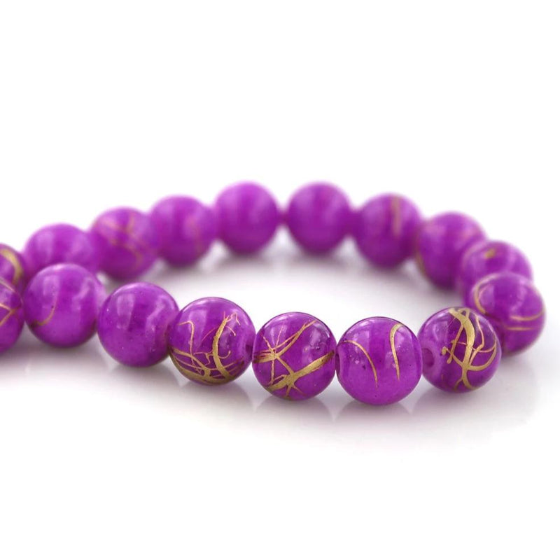 Round Glass Beads 8mm - Orchid Purple and Gold - 20 Beads - BD080
