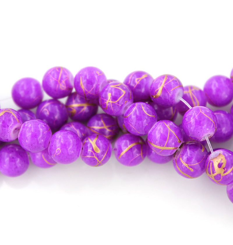 Round Glass Beads 8mm - Orchid Purple and Gold - 20 Beads - BD080