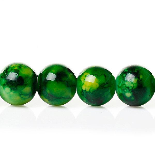 Round Glass Beads 10mm - Mottled Emerald Green With Yellow - 20 Beads - BD645