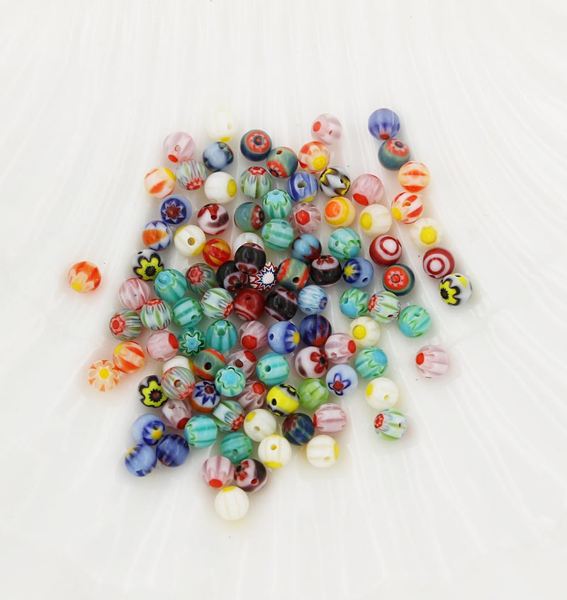 Round Glass Beads 4mm - Assorted Floral Millefiori - 20 Beads - BD1580