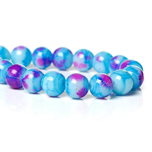 Perles de Verre Rondes 8mm - Bleu Ciel Chiné et Violet - 20 Perles - BD743