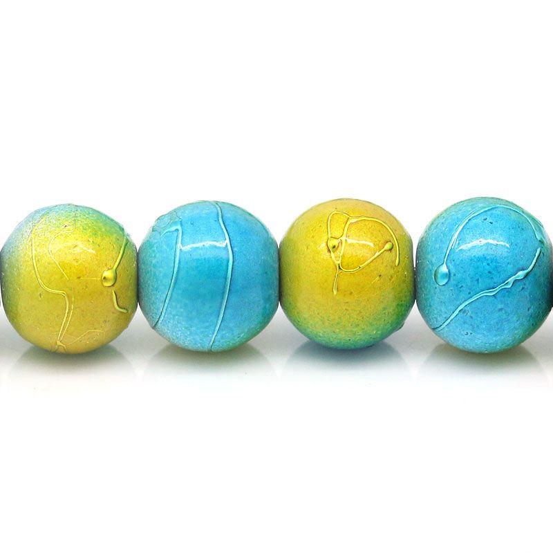 Round Glass Beads 8mm - Mottled Blue and Yellow - 20 Beads - BD495