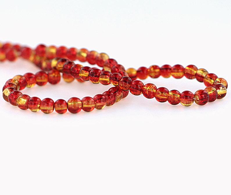 Round Glass Beads 4mm - Red and Yellow Crackle - 1 Strand 200 Beads - BD723