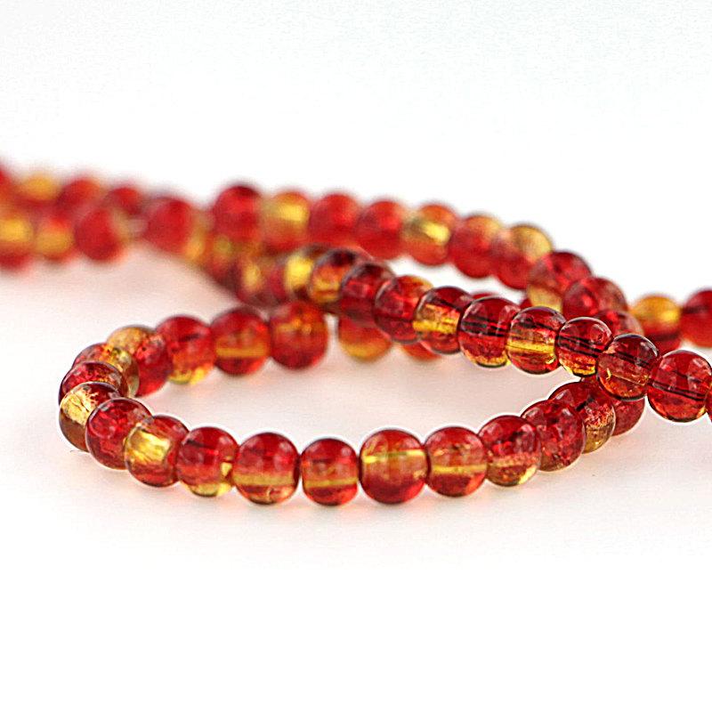 Round Glass Beads 4mm - Red and Yellow Crackle - 1 Strand 200 Beads - BD723
