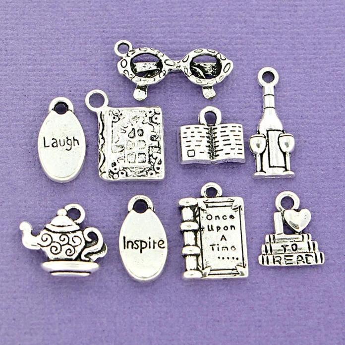 Book Club Charm Collection Antique Silver Tone 9 Different Charms - COL072