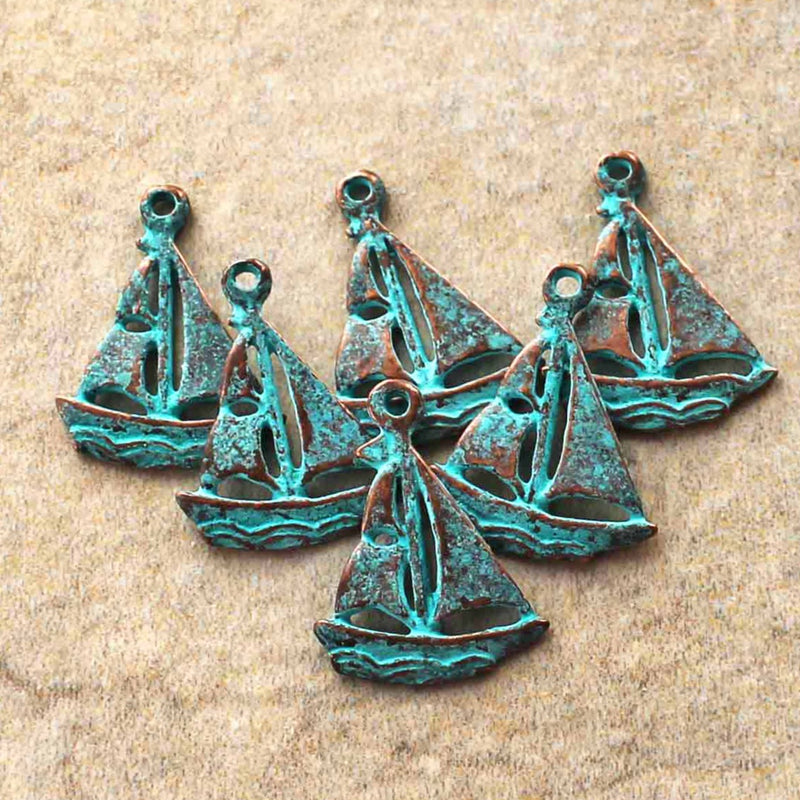 2 Sailboat Antique Copper Tone Mykonos Charms with Green Patina 2 Sided - BC1552