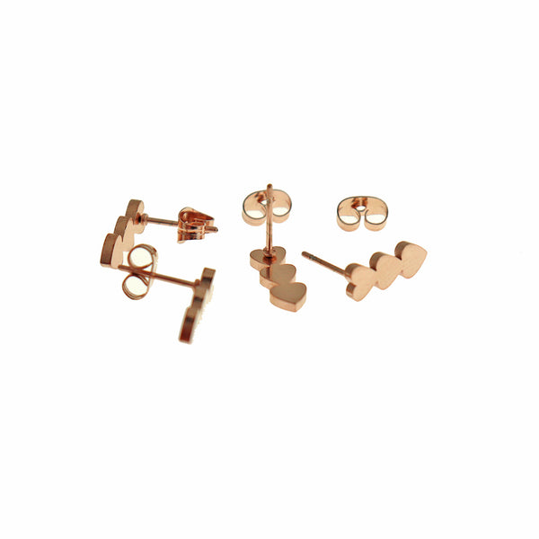 Rose Gold Tone Stainless Steel Earrings - Triple Heart Studs - 12mm - 2 Pieces 1 Pair - ER882