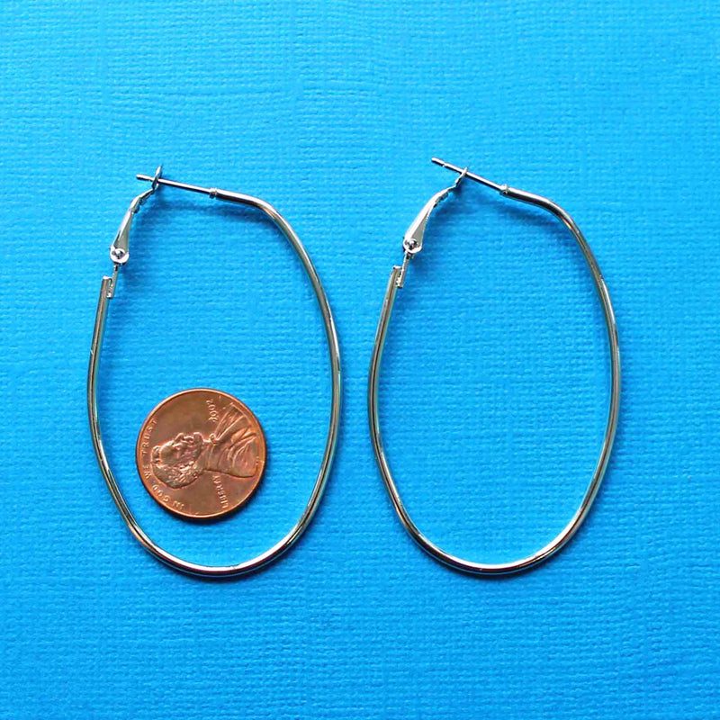 Silver Tone Earrings - Hoop Wires Oval - 59mm x 37mm - 4 Pieces 2 Pairs - Z163