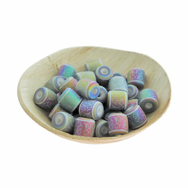 Barrel Glass Beads 12mm - Frosted Electroplated Vine Pattern - 12 Beads - BD2542