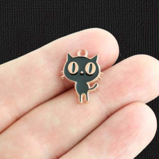 8 Black Cat Gold Tone Enamel Charms - E1414