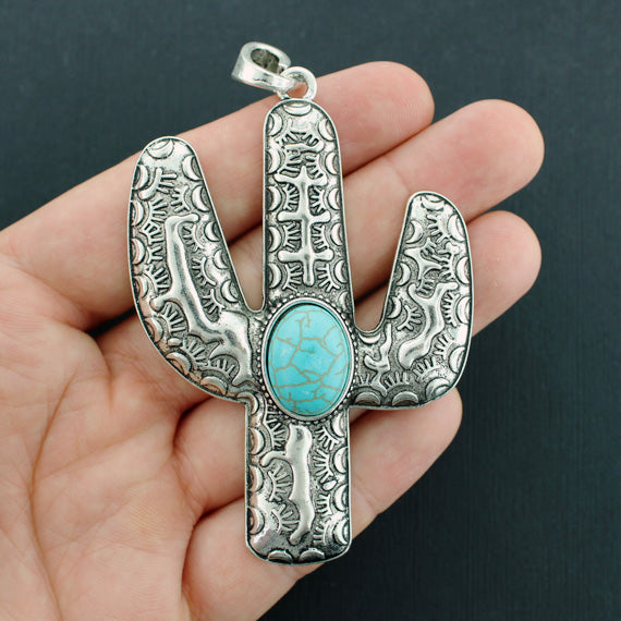 Charm Cactus Argenté Antique Avec Imitation Turquoise - SC5847