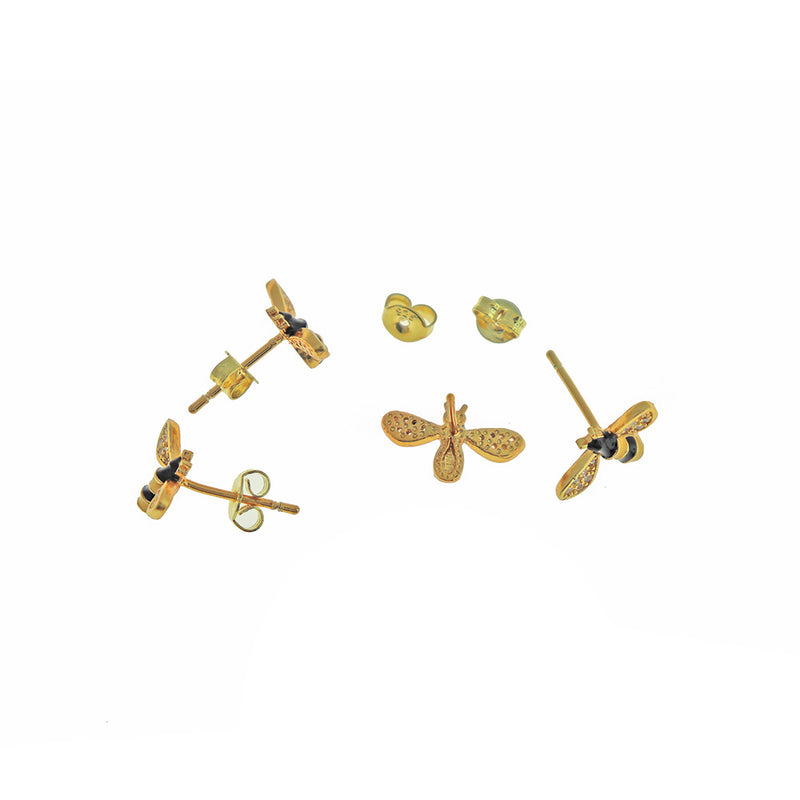 Brass Earrings - Bee Enamel Studs with Micro Pave Cubic Zirconia - 14mm x 8mm - 2 Pieces 1 Pair - ER501