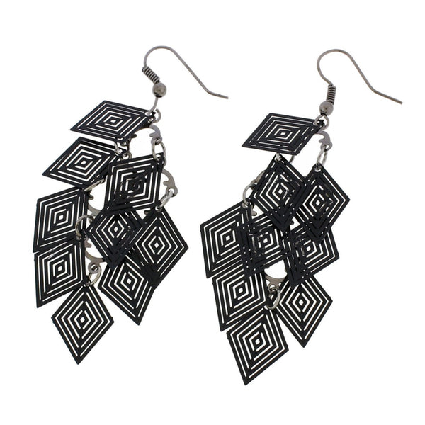 Black Geometric Dangle Earrings - Stainless Steel French Hook Style - 2 Pieces 1 Pair - ER620
