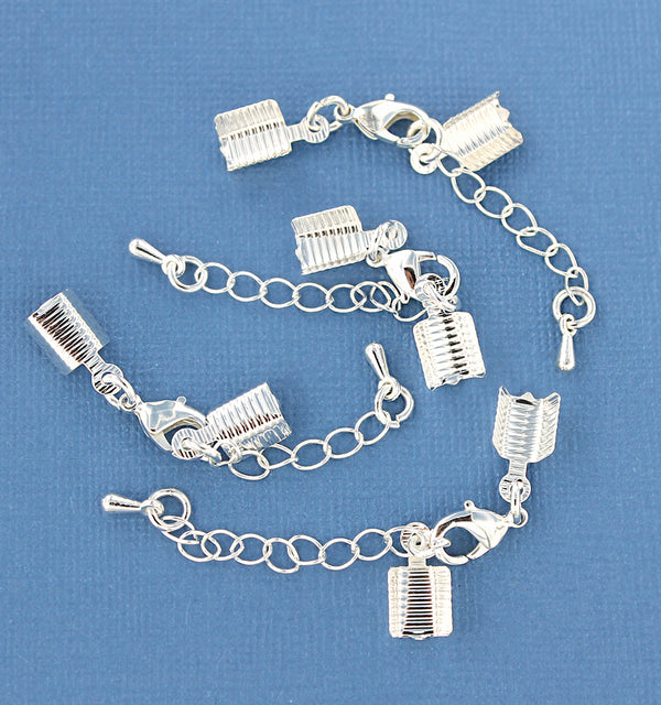 Chaîne d'extension argentée avec fermoir mousqueton, goutte de chaîne et 2 extrémités de cordon - 70 mm x 3,3 mm - 6 pièces - FD342