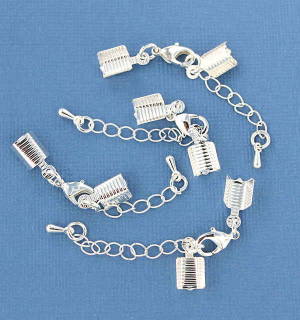 Silver Tone Extender Chain With Lobster Clasp, Chain Drop and 2 Cord Ends - 70mm x 3.3mm - 6 Pieces - FD342