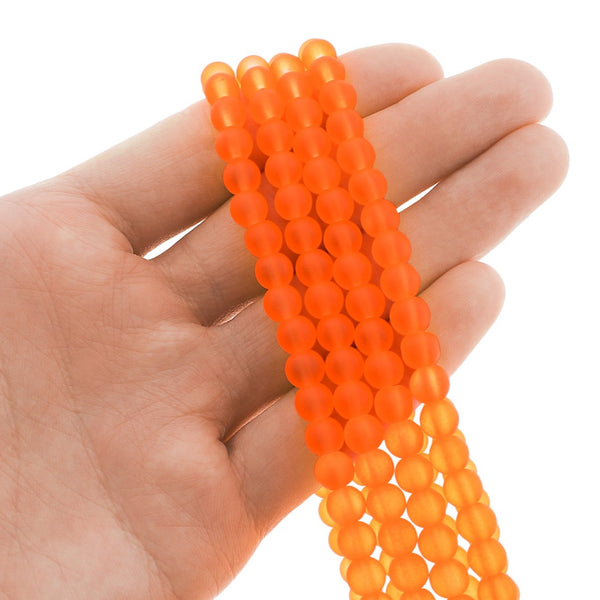 Round Glass Beads 6mm - Frosted Bright Orange - 1 Strand 140 Beads - BD2484