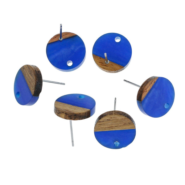 Wood Stainless Steel Earrings - Royal Blue Resin Round Studs - 14mm - 2 Pieces 1 Pair - ER286