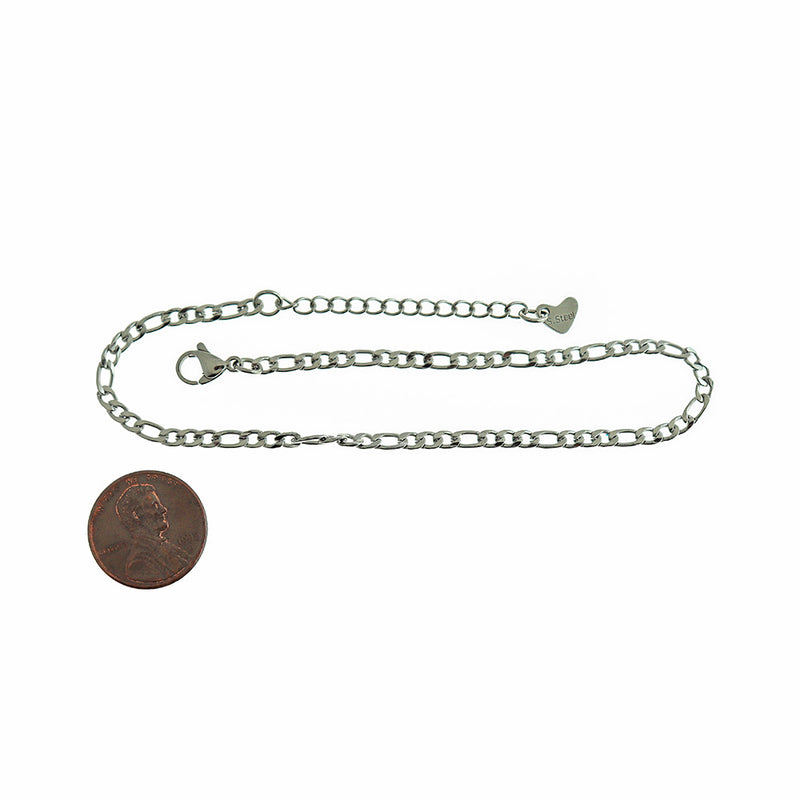 Stainless Steel Figaro Chain Bracelet 9.3" Plus Extender - 3mm - 1 Bracelet - N259