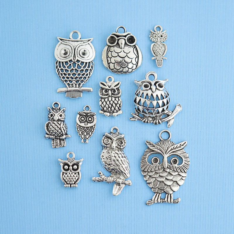 Owl Charm Collection Antique Silver Tone - 10 Different Charms - COL005