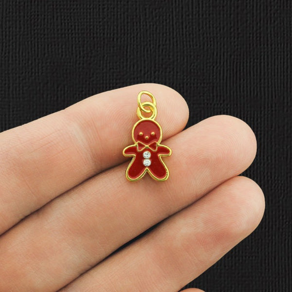 4 Gingerbread Gold Tone Enamel Charms with Inset Rhinestones - E931