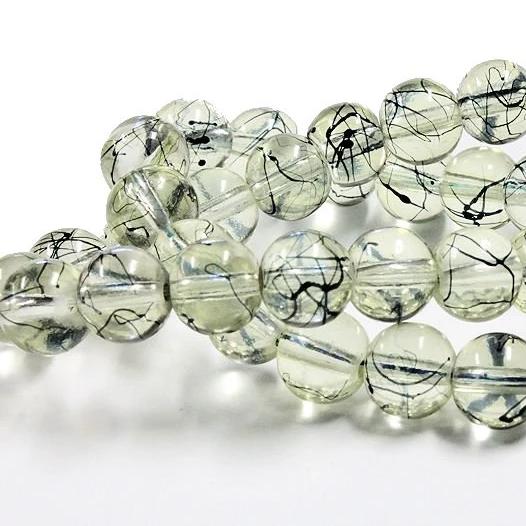 Round Glass Beads 10mm - Pale Yellow With Black - 30 Beads - BD191