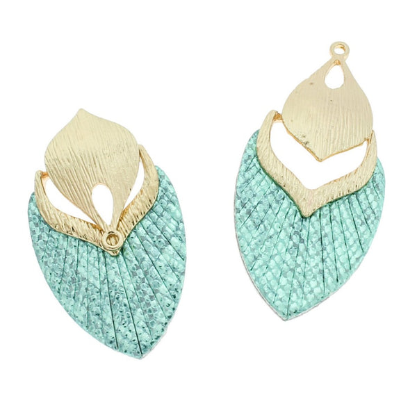 Imitation Leather Teardrop Gold Tone Pendants - Teal Mermaid Scales - 2 Pieces - LP180